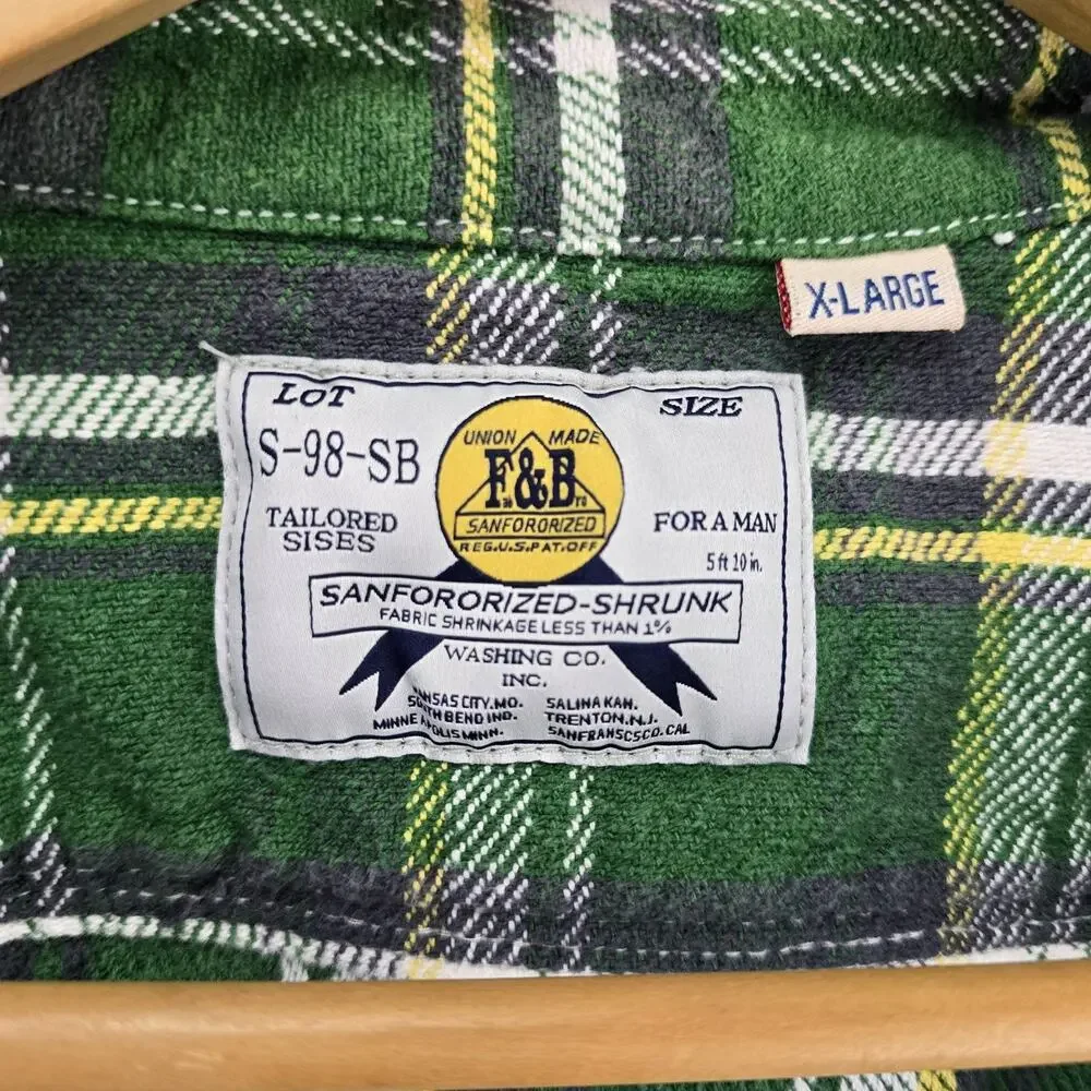 Fabrics Bronx Flannel Shirt Youth XL Green Plaid Union Made Sanforized Vintage